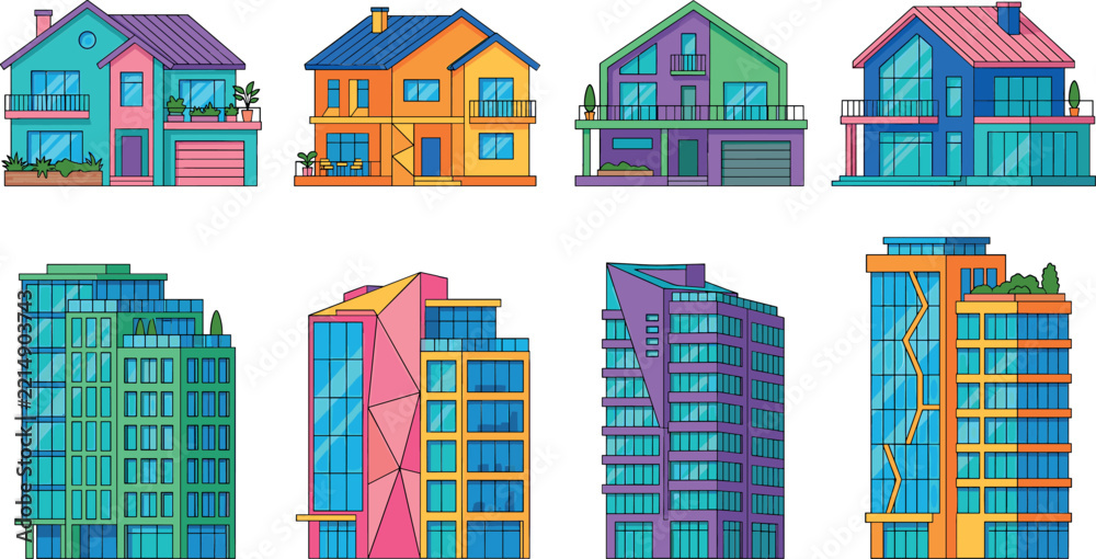 Fototapeta premium Modern house and building vector collection featuring colorful residential suburban villas and contemporary urban office skyscrapers architectural design
