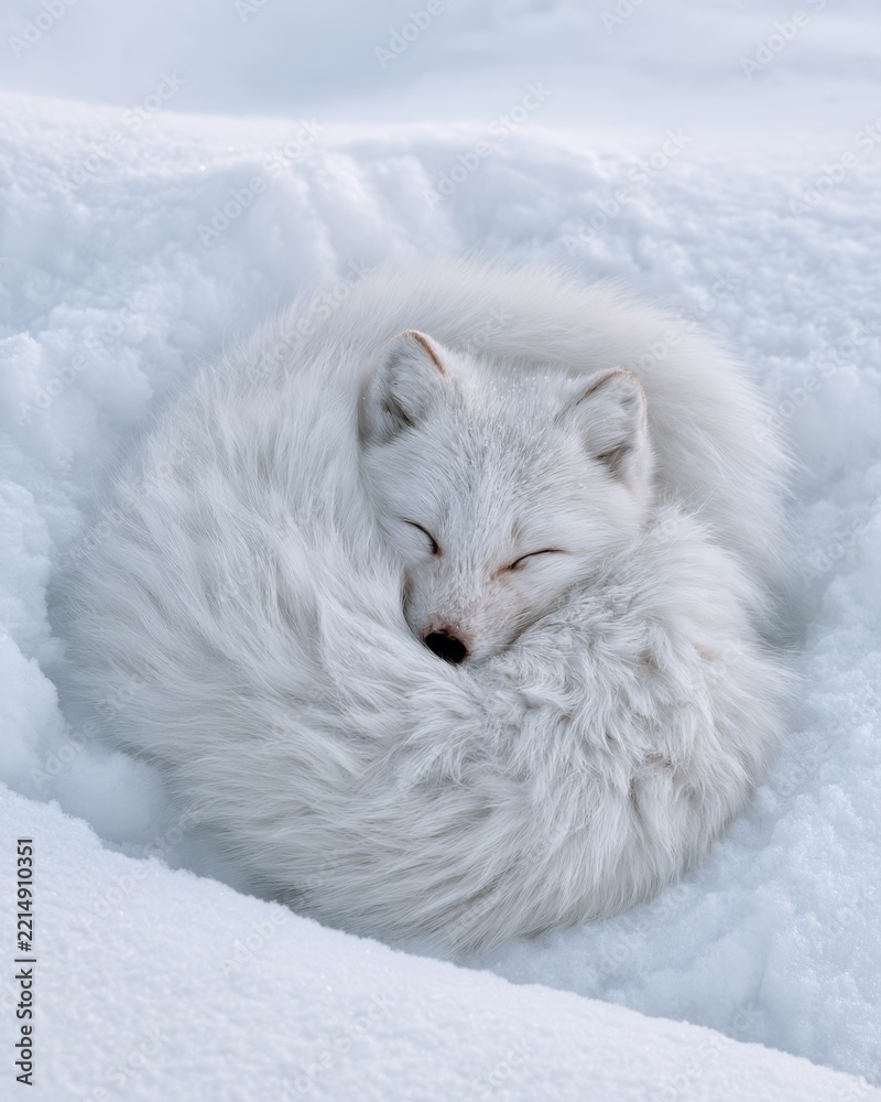 Fototapeta premium Arctic fox curled tightly in fresh snow