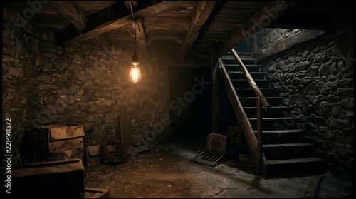 Eerie dimly lit old stone basement with hanging light bulb and wooden stairs in mysterious cellar