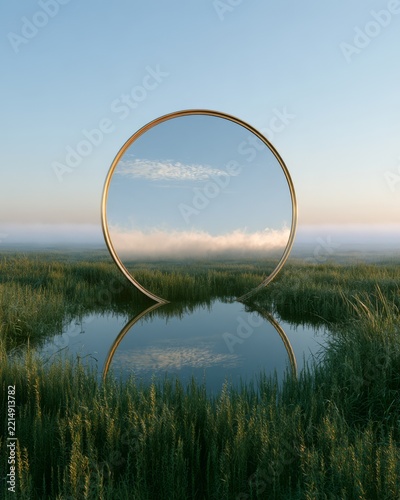 Circular mirror standing in a marshland pool