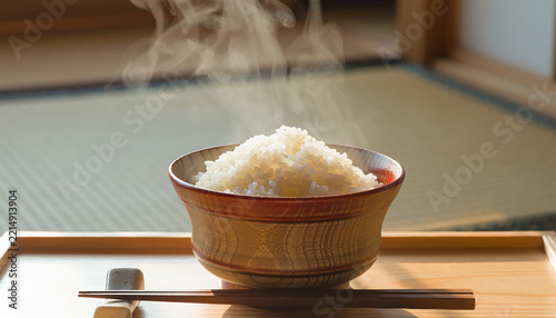 Steaming Bowl of Rice on Tatami Mat Generative AI