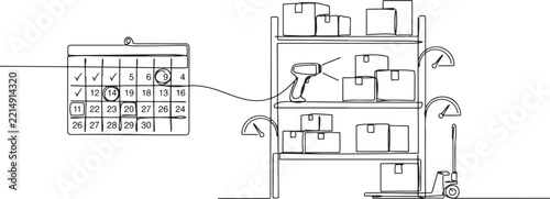 warehouse logistics management system with calendar and storage shelves illustration.
