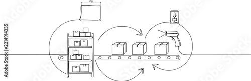 factory production line with conveyor belt packages calendar and inventory shelf.