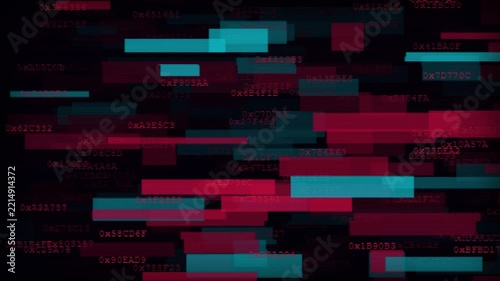 Abstract digital data stream with moving code and glitch rectangles