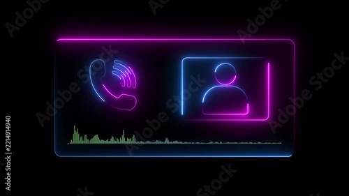 Neon glowing contact and user profile icons on a dark background, featuring vibrant pink and blue light effects with an audio waveform. Modern digital communication and technology