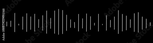 Abstract white audio waveform visualization on a black background, featuring vertical sound bars with varying heights. Minimal and modern digital sound graphic suitable for music,