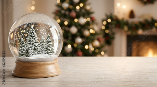 A beautiful snow globe with miniature pine trees sits on a wooden table in front of a blurred festive christmas tree background