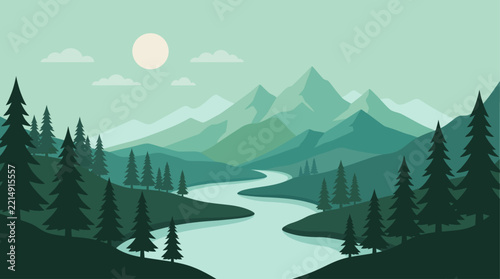 Flat line art vector illustration of a scenic green mountain landscape with winding river and pine forest under a bright sun
