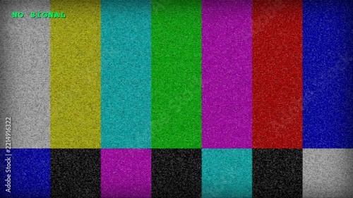 Analog television color bars test pattern with static noise and text