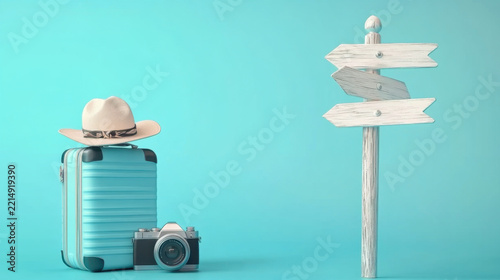 suitcase and hat, camera with signpost on pastel blue background. travel concept