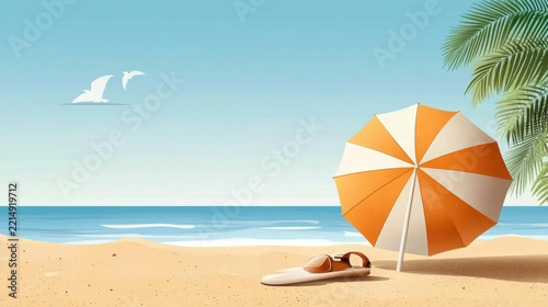 Scene cartoon sea beach, Sun lounger with plastic ball, bag, umbrella on sand beach