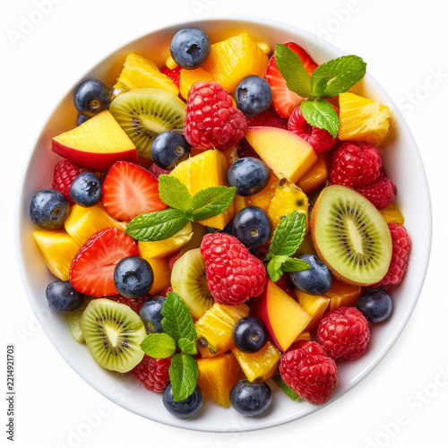 A vibrant bowl of fresh fruit, featuring a colorful assortment of strawberries, blueberries, peaches, and kiwis.