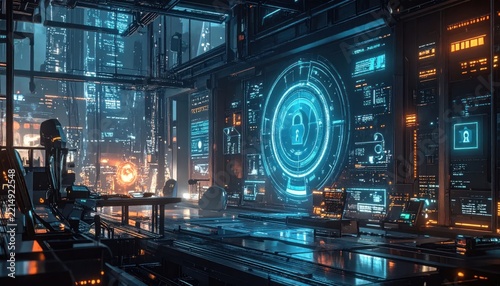 High tech industrial interior with neon circular displays