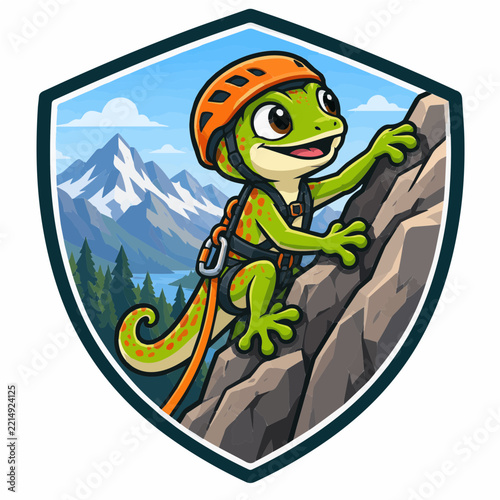 Cartoon gecko wearing an orange helmet and climbing harness while scaling a rocky cliff inside a shield badge with mountains and evergreen trees on a white background for outdoor sports branding