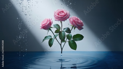 Three delicate pink roses floating above rippling water surface under soft focused spotlight beam