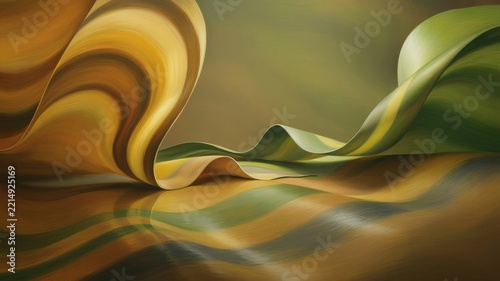 Abstract fluid fabric waves flowing through earthy green and warm golden gradient painted background