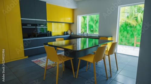 Modern kitchen interior with displays contemporary kitchen cabinetry central dining