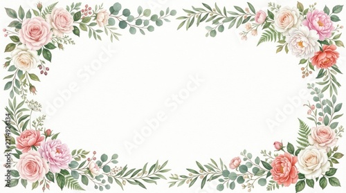 A watercolor floral frame with pink, red, and white roses, green leaves, and a white background.