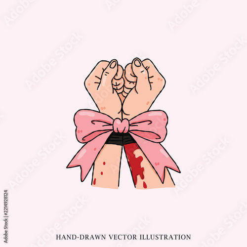 Hands Tied With Pink Bow and Blood Drip Dark Romance Hand Drawn Illustration