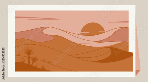 Desert landscape with sand dunes and a setting sun in a minimalist style.