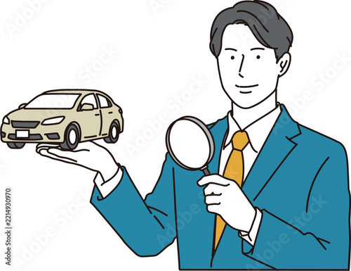 虫眼鏡で自動車の査定をする男性のイメージイラスト