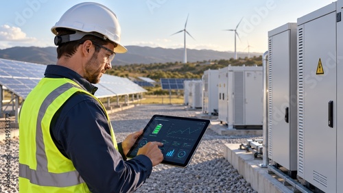 Engineer monitoring renewable energy solar panel and wind farm system efficiency via digital tablet device data interface