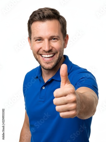 Smiling man blue polo thumbs up