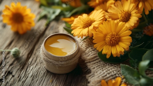calendula flowers alongside a handmade natural skin balm; traditional herbal remedies, generative ai