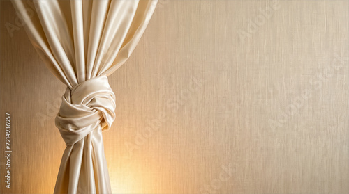 Beige silk curtain with a large knot against a linen textured wall