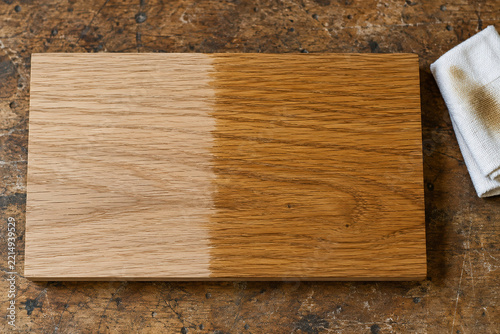 Oiled and untreated sections of an oak board