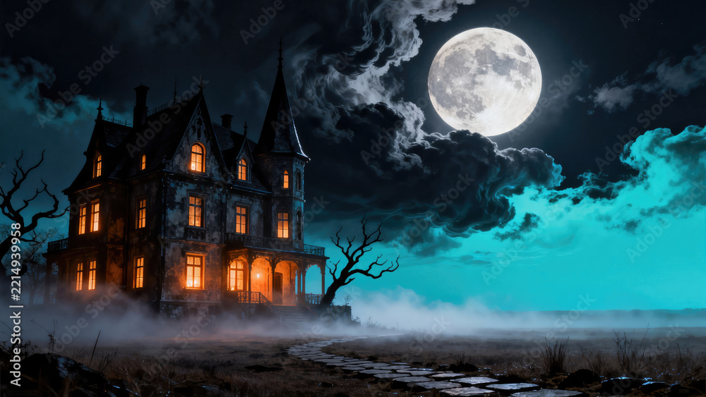 Fototapeta premium Halloween night in a haunted house spooky atmosphere eerie surroundings enigmatic viewpoint, halloween holiday festive image design