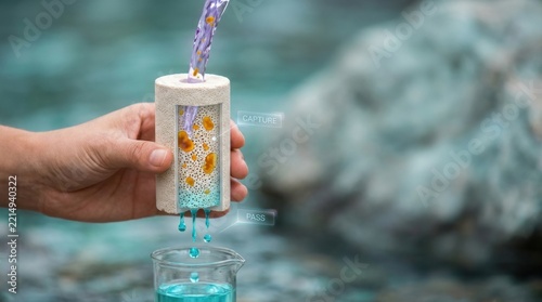 Hand securing porous ceramic filter candle above clear collection chamber for water purification process