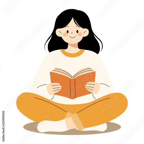 Flat Cartoon Girl Reading a Book While Sitting Cross Legged