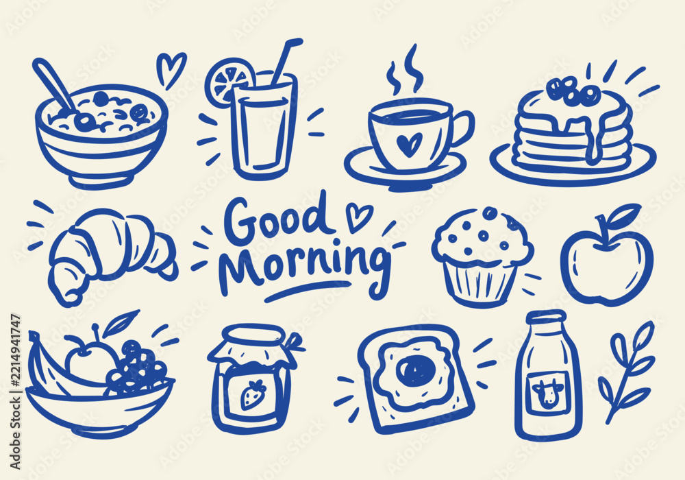 Fototapeta premium Hand Drawn Good Morning Breakfast and Cafe Food Doodles Vector Set