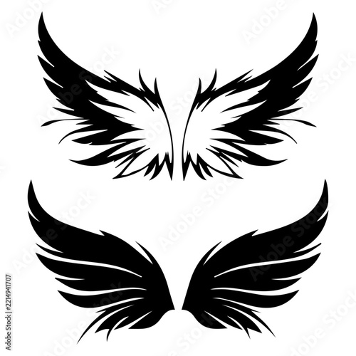 Collection of black and white spiky tribal style wings silhouettes