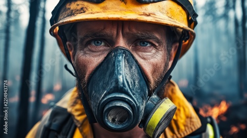 firefighter removing protective mask after a wildfire suppression operation; tired, expressive eyes generative ai