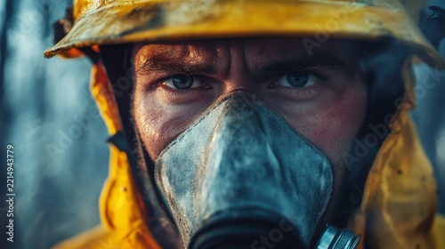 firefighter removing protective mask after a wildfire suppression operation; tired, expressive eyes generative ai