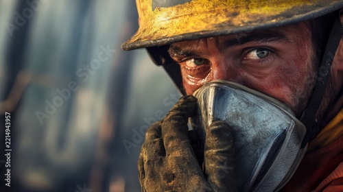 firefighter removing protective mask after a wildfire suppression operation; tired, expressive eyes generative ai