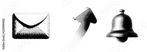 Retro dithered black and white icons set with envelope arrow and notification bell symbols in grainy stippled style