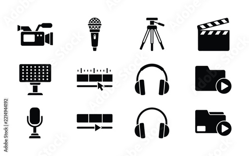 Production and multimedia editing equipment icons including camera microphone and playback tools