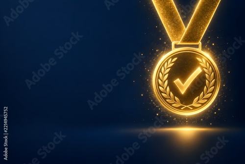Golden glowing medal with checkmark and laurel wreath for quality assurance, customer satisfaction and premium service success