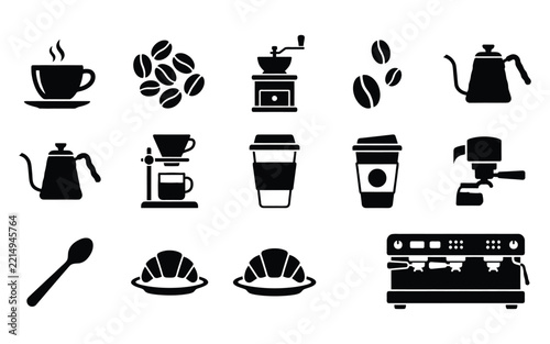 Set of coffee shop and cafe icons featuring brewing equipment and beverages
