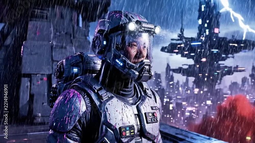 Futuristic soldier standing in rain overlooking neon city.