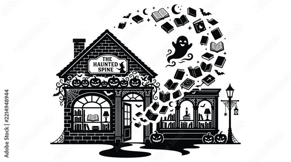 Obraz premium Spooky haunted bookstore vector illustration featuring floating books and friendly ghost silhouettes on white background