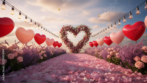 Romantic heart arch with rose petals and balloons during golden hour