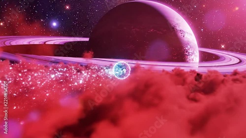 Glowing digital sphere floating near ringed planet in space