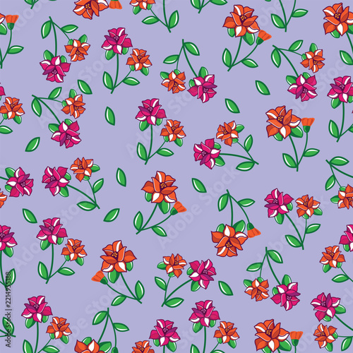 Red and pink floral seamless pattern on purple background