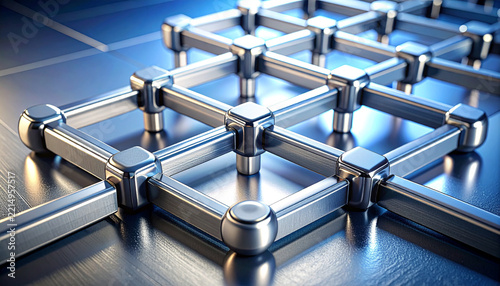 Abstract Metal Grid Structure: A detailed close-up of an abstract metallic grid, featuring interconnected cubes and rods, creating a complex and futuristic geometric pattern with a reflective surface.