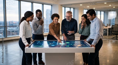 Collaborative Innovation Hub: A diverse group of professionals gathers around a futuristic interactive display, their hands engaged in a dynamic exchange of ideas and data.