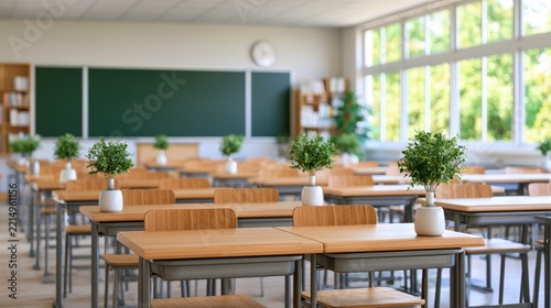 Empty Modern Classroom Interior with Wooden Desks and Plants